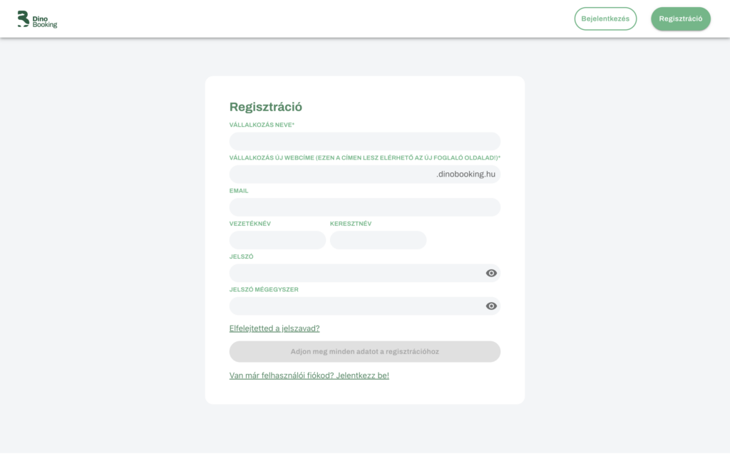 DinoBooking regisztráció