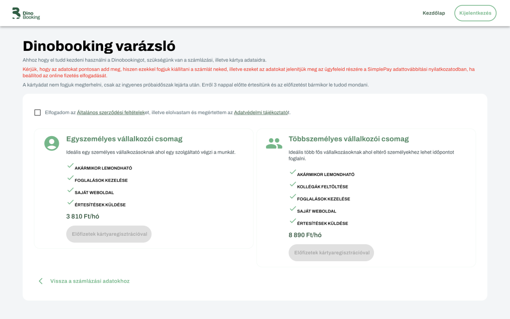 DinoBooking csomagválasztó
